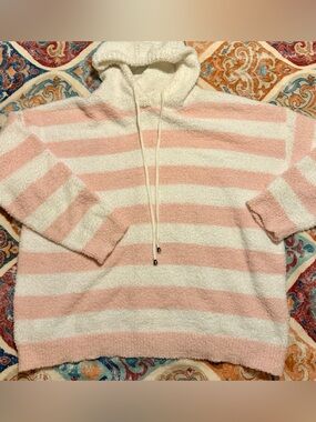 Cozy Plush Hooded Sweater - Pink and White Stripes